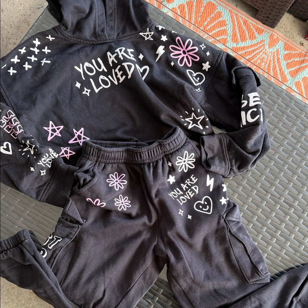 Kids Black 'You Are Loved' Graphic Hoodie & Jogger Set
